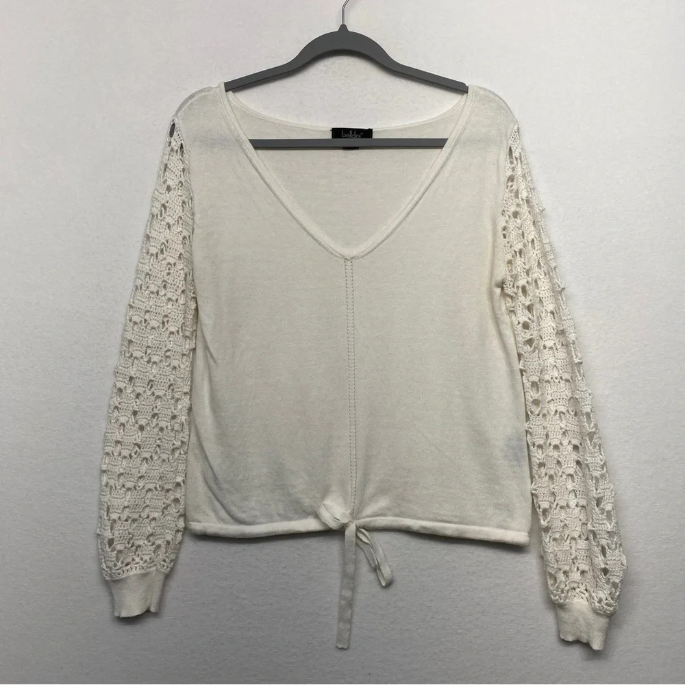Belldini Blouse Knit Sweater Crochet Arms White Cream M‎ Cotton Cashmere Blend